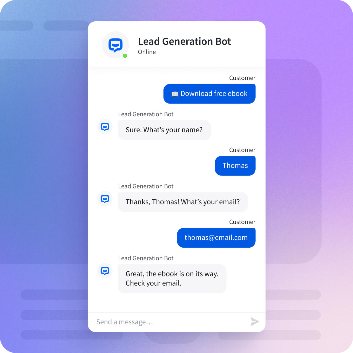 A chatbot window with an AI bot named 'Lead Generation Bot' guiding a customer through the process of downloading a free ebook by asking for their name and email address, then confirming the ebook has been sent.