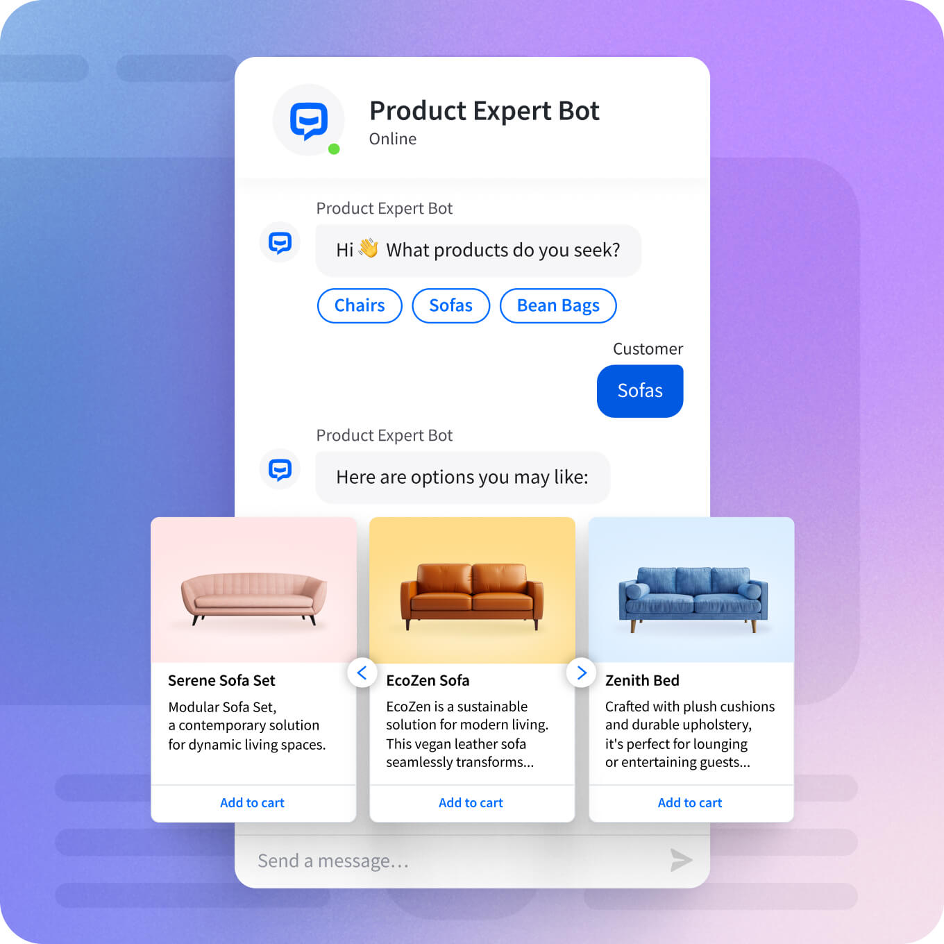 A chat widget with a chatbot named 'Product Expert Bot' asking a customer what products they are looking for, displaying options like chairs, sofas, and bean bags, followed by product recommendations including descriptions and 'Add to cart' buttons.