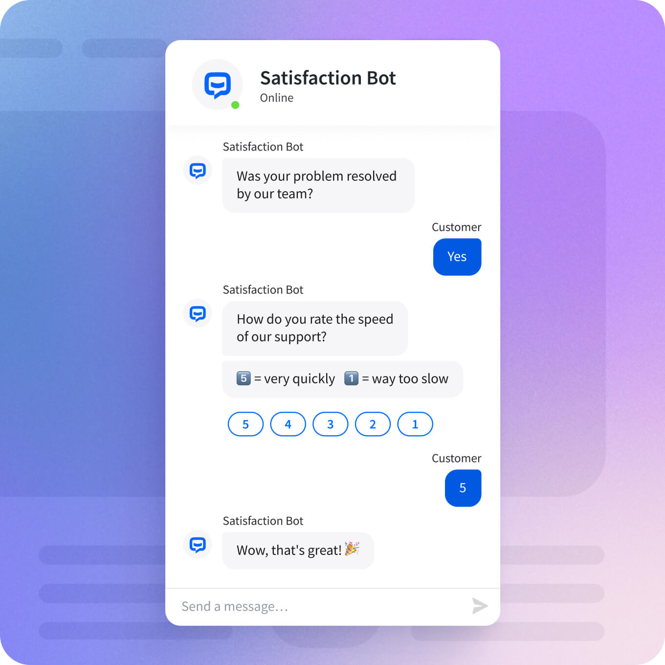 An AI bot called 'Satisfaction Bot' asks a customer if their problem was resolved, followed by a rating question on the speed of support. The customer provides positive feedback and a high rating.