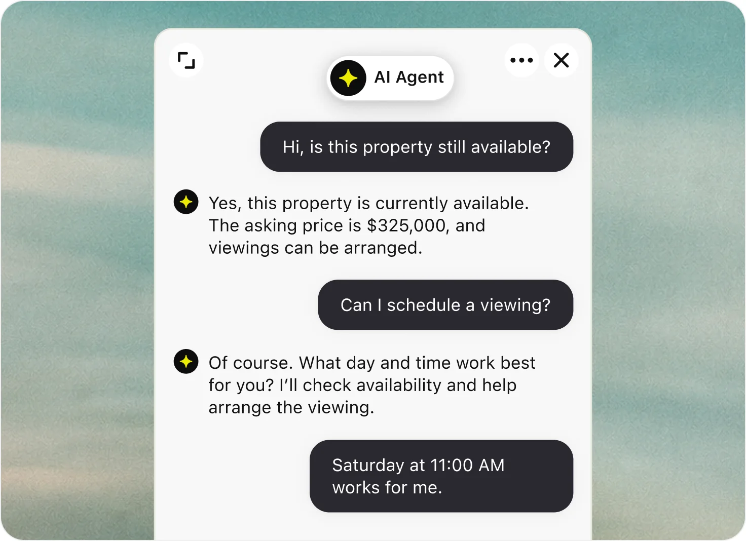 Chat widget where the AI agent confirms a property is available, quotes the aski