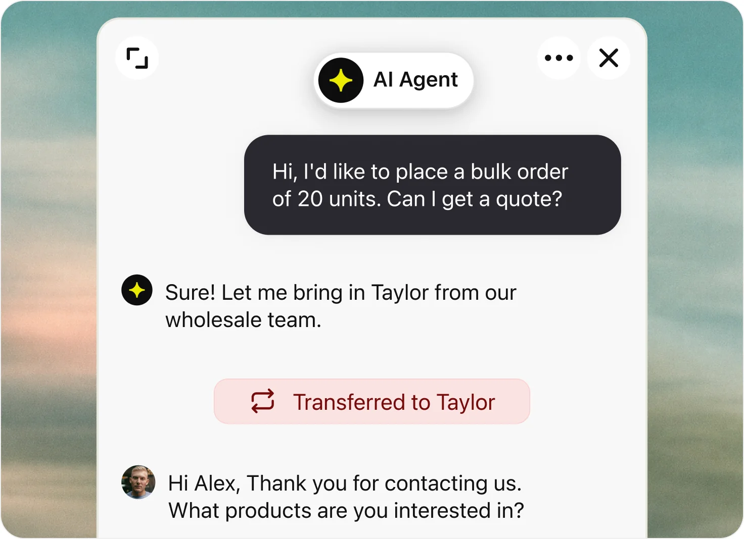 Chat widget where a customer asks for a bulk order quote, the AI agent transfers