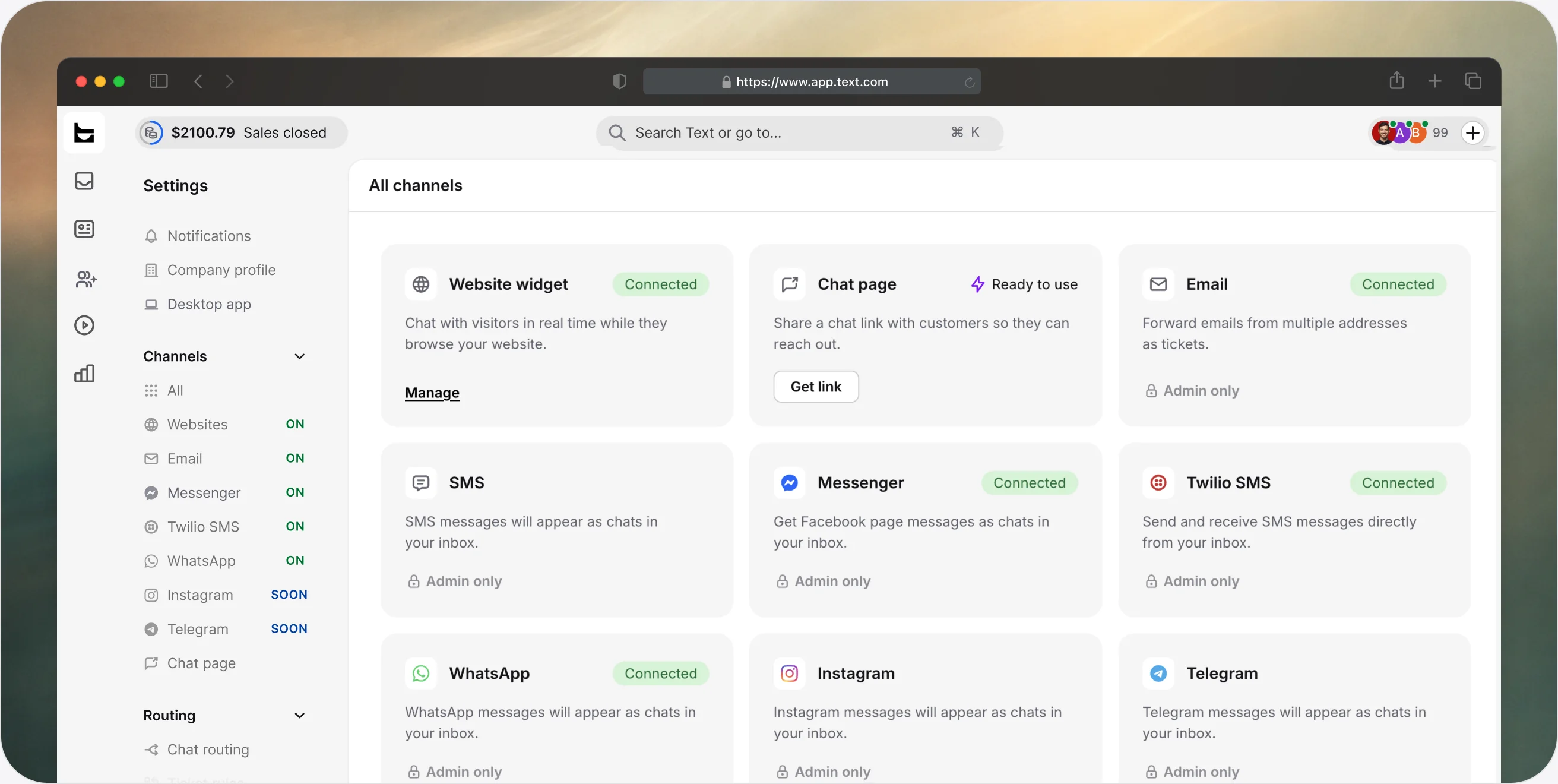 Channels settings in the ChatBot app showing the website widget, chat page, emai