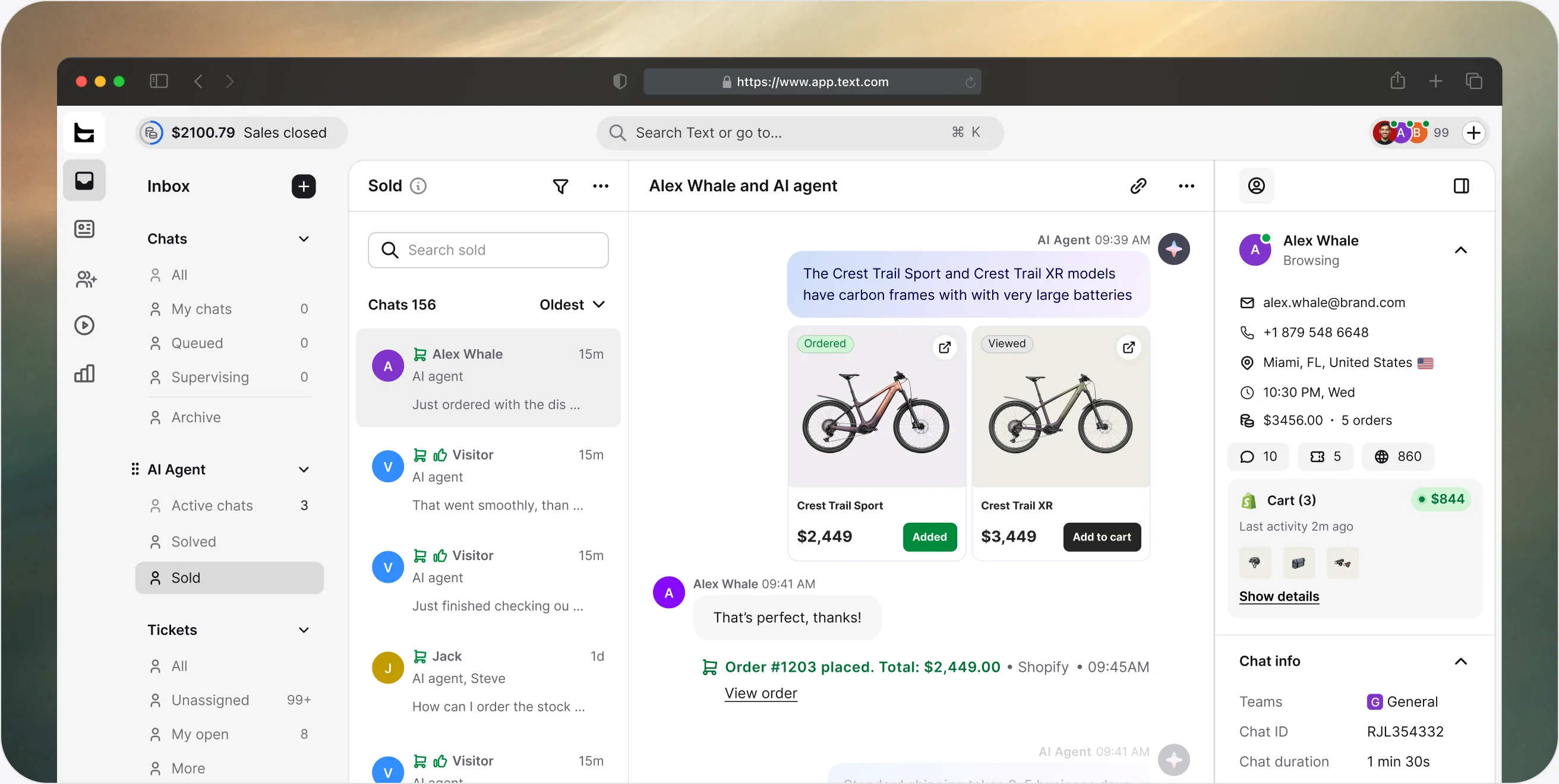 Inbox in the ChatBot app with a sold chat where the AI agent compares two bikes,