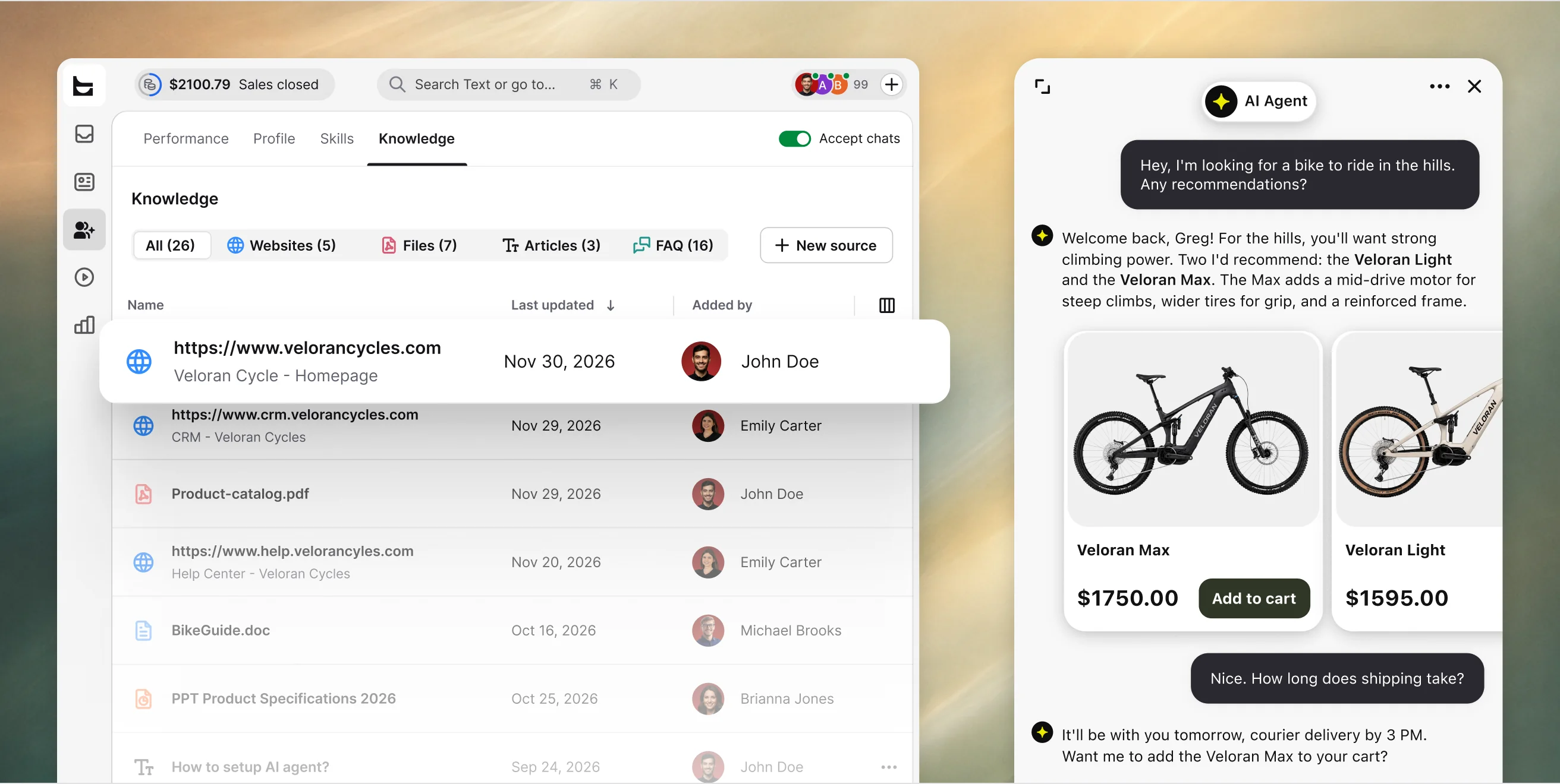 Knowledge tab in the ChatBot app listing trained website, help center, and file 