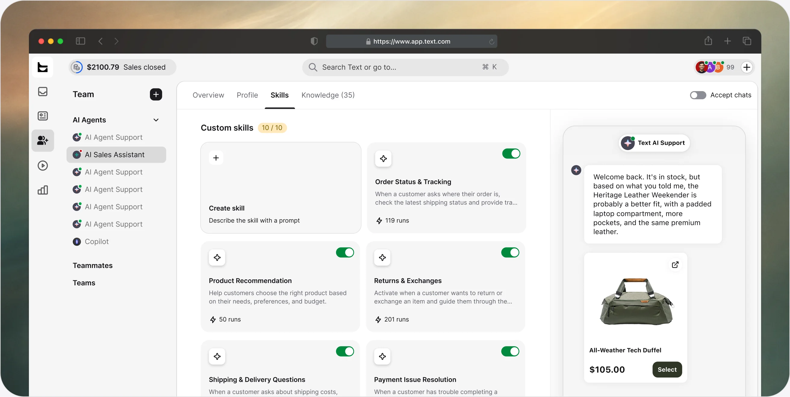 Skills tab in the ChatBot app with custom skills such as product recommendation,