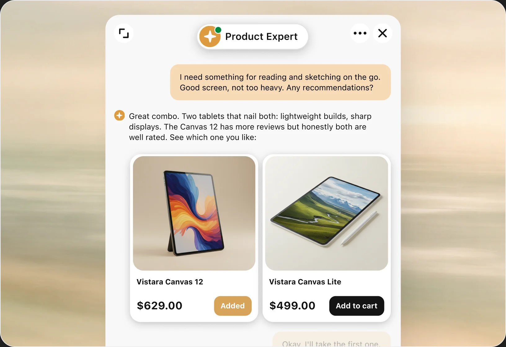 Chat widget where a customer asks for a light tablet for reading and sketching, 