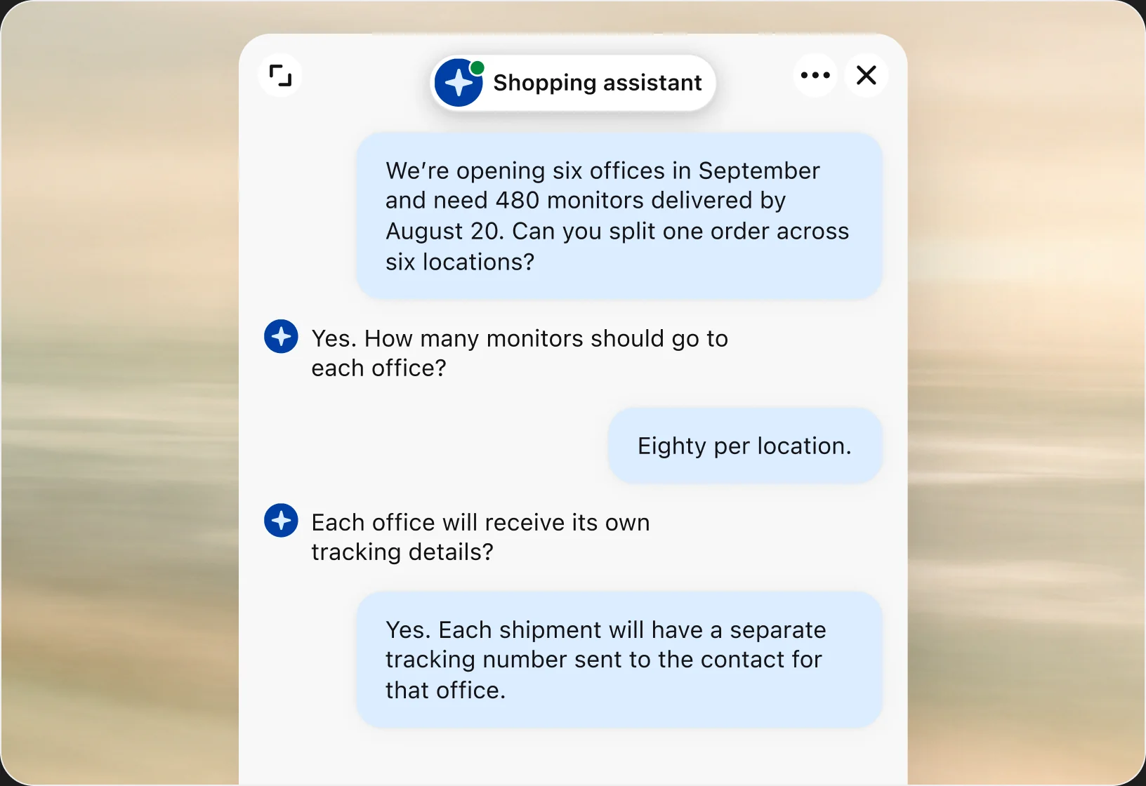Chat widget where a customer asks to split an order of 480 monitors across six n