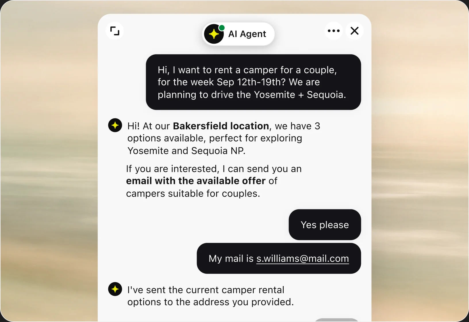 Chat widget where a customer asks about renting a camper for a week, the AI agen