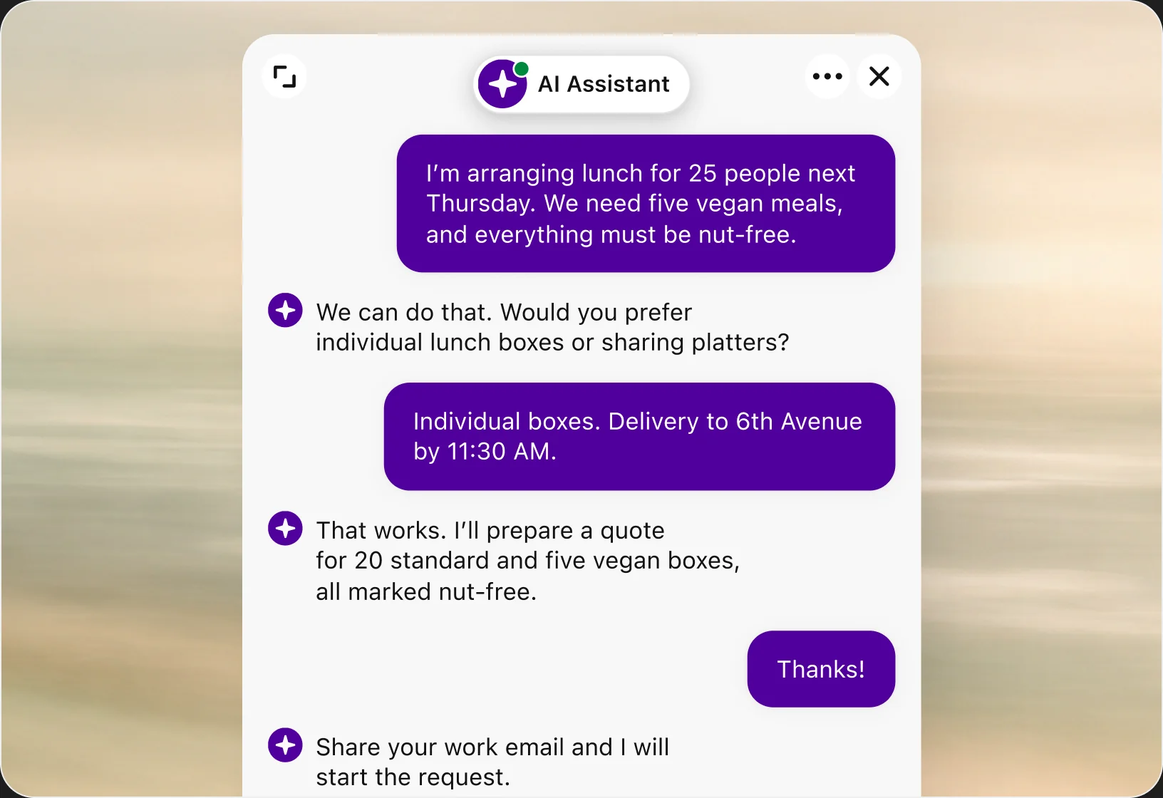 Chat widget where a customer orders lunch boxes for 25 people with five vegan an