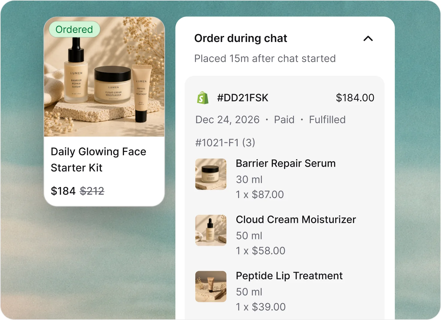 Product card for a skincare starter kit marked as ordered next to an order detai