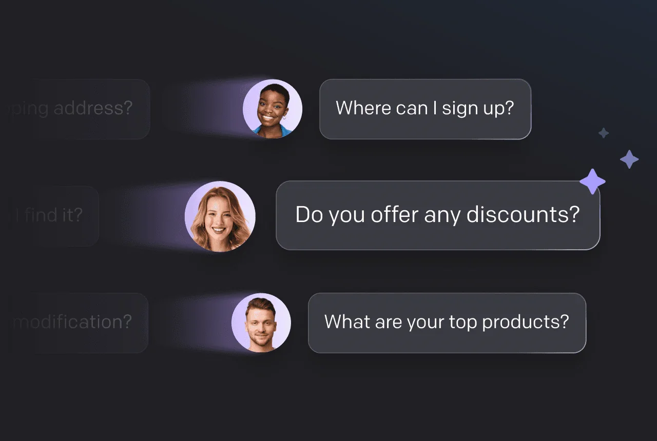 Chat bubbles from three customers asking where to sign up, whether there are dis