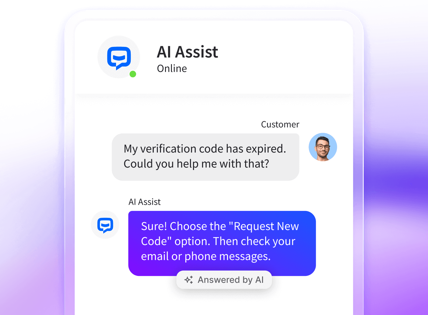Chatbot widget powered by AI Assist feature, showing a conversation between a customer and an AI bot where the customer requests a new verification code.