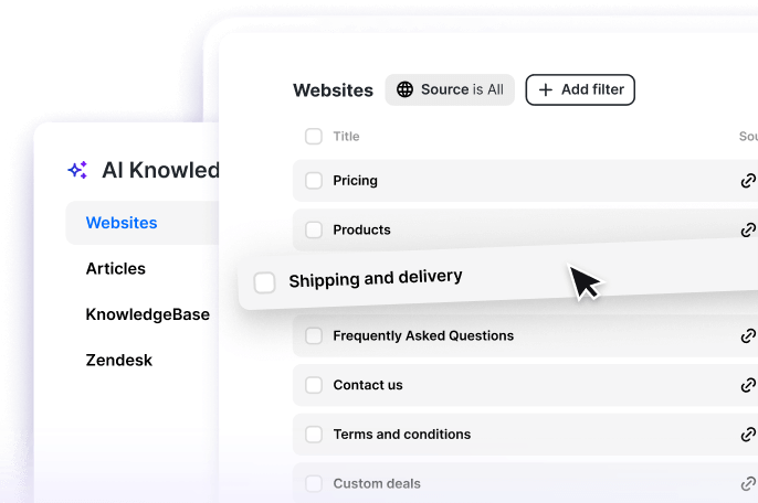 ChatBot software interface with an AI Knowledge section, allowing for choosing sources used to create an AI bot: Websites, Articles, KnowledgeBase help center and Zendesk help center.