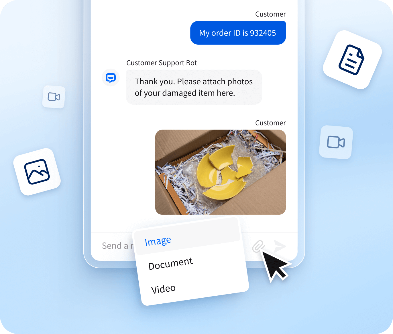 ChatBot feature where the user can send an image or other attachment like document or video, and it's collected by the chatbot.