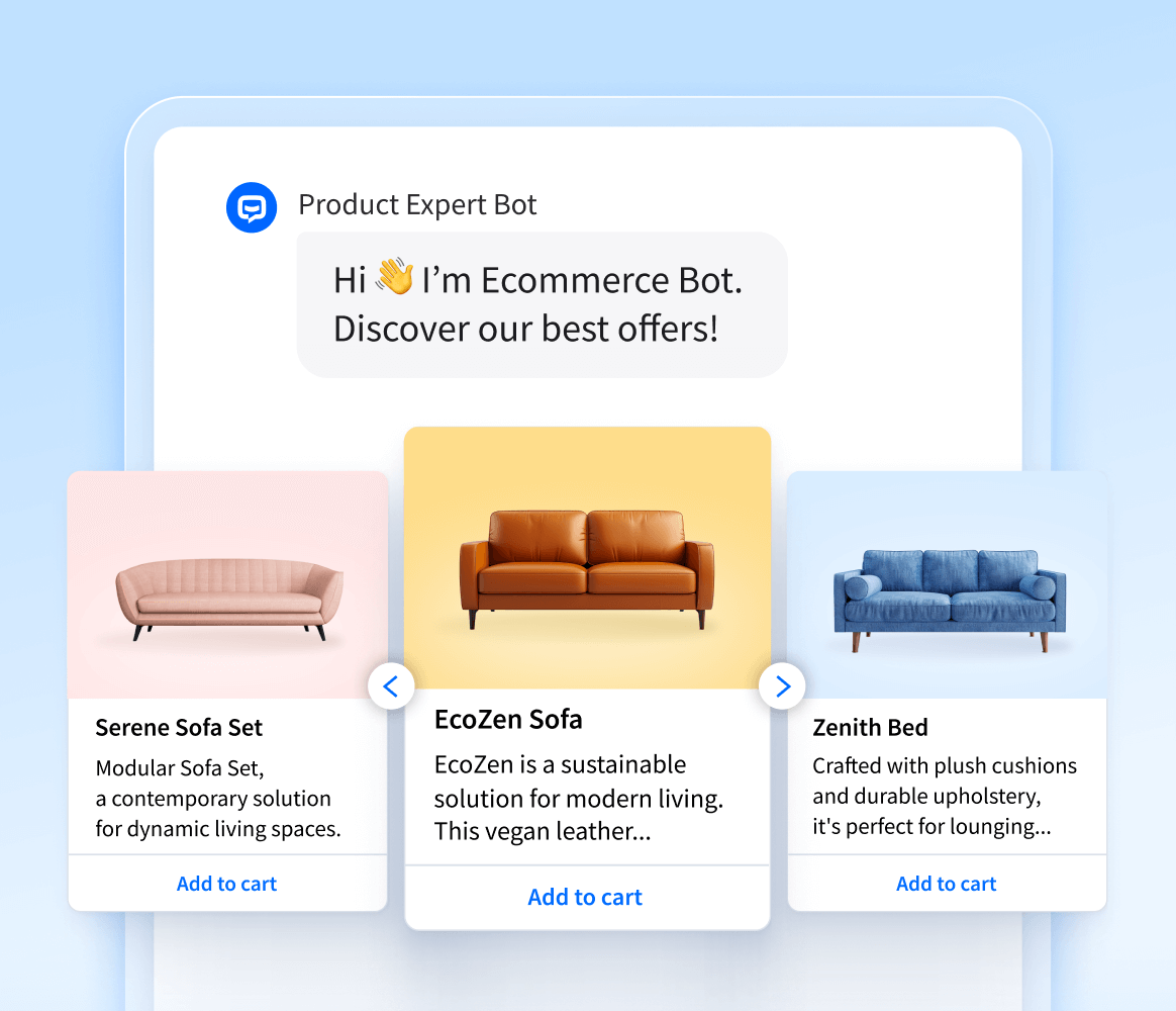 Ecommerce chatbot displaying product recommendations in the form of a carousel with images, text, and buttons.