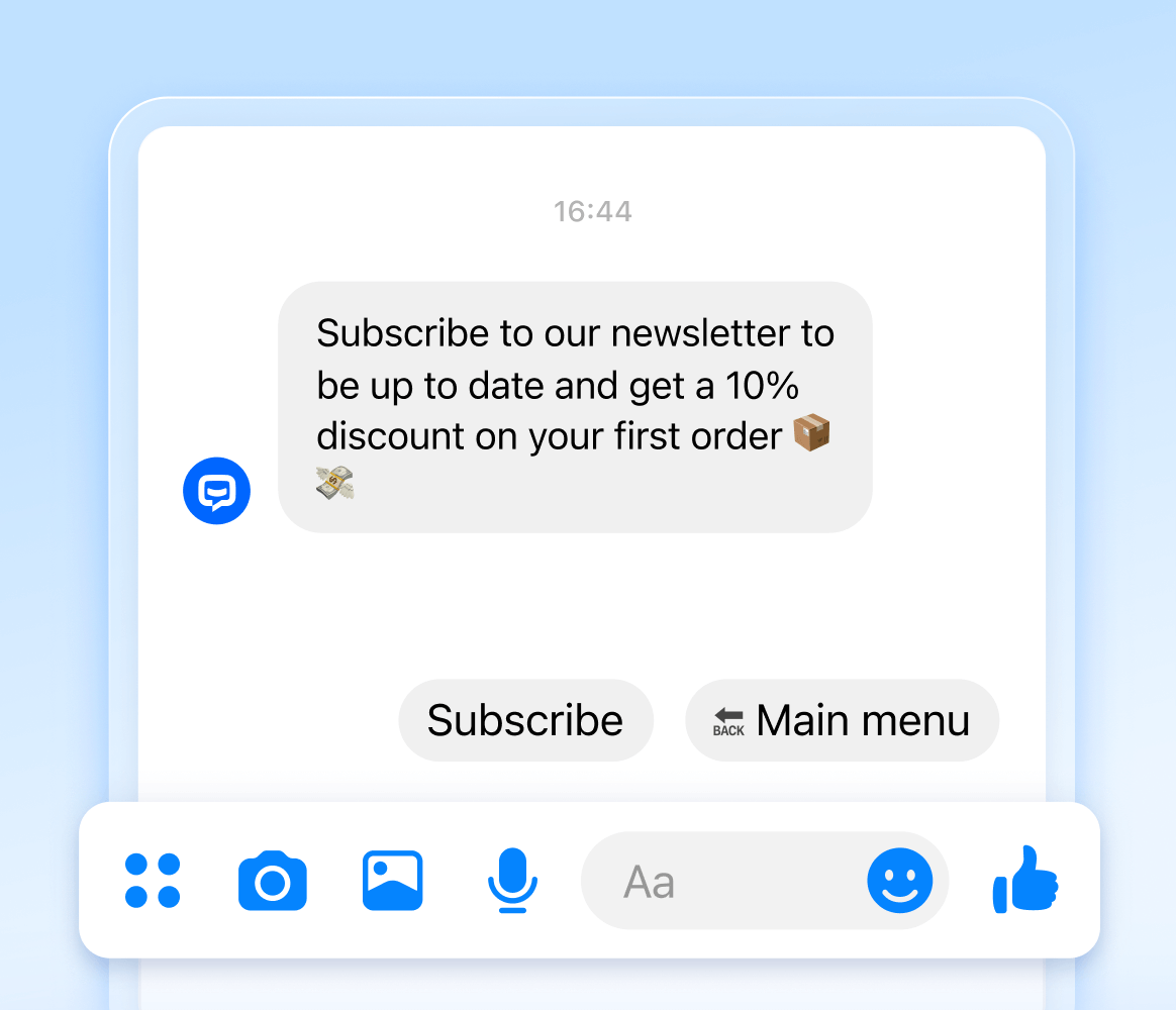 Chat bot integrated with Facebook Messenger chat widget.