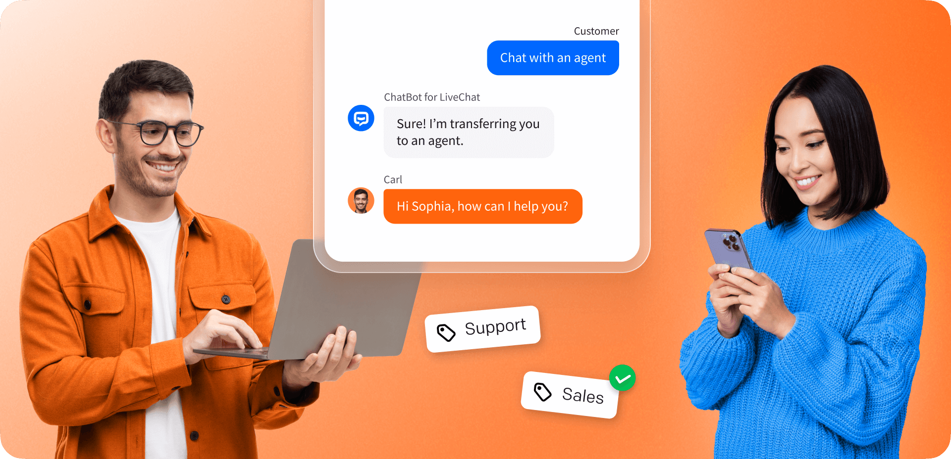Chat widget with ChatBot and LiveChat integration showing the process of redirecting the customer to the live agent during the conversation with the AI chatbot.