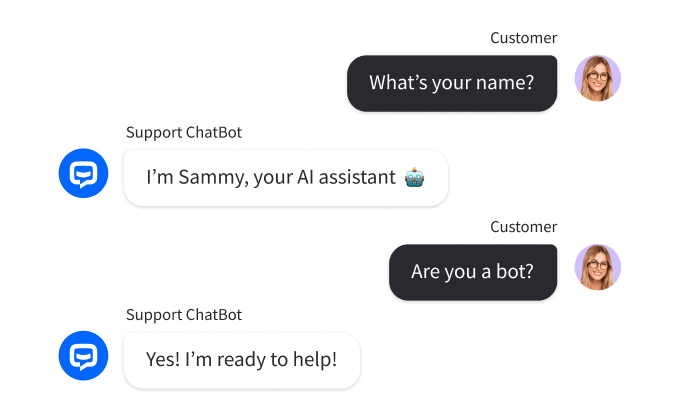 A conversation showcasing the ChatBot's Small Talk feature: a customer asks, 'What's your name?' and 'Are you a bot?' and the bot answers these questions.