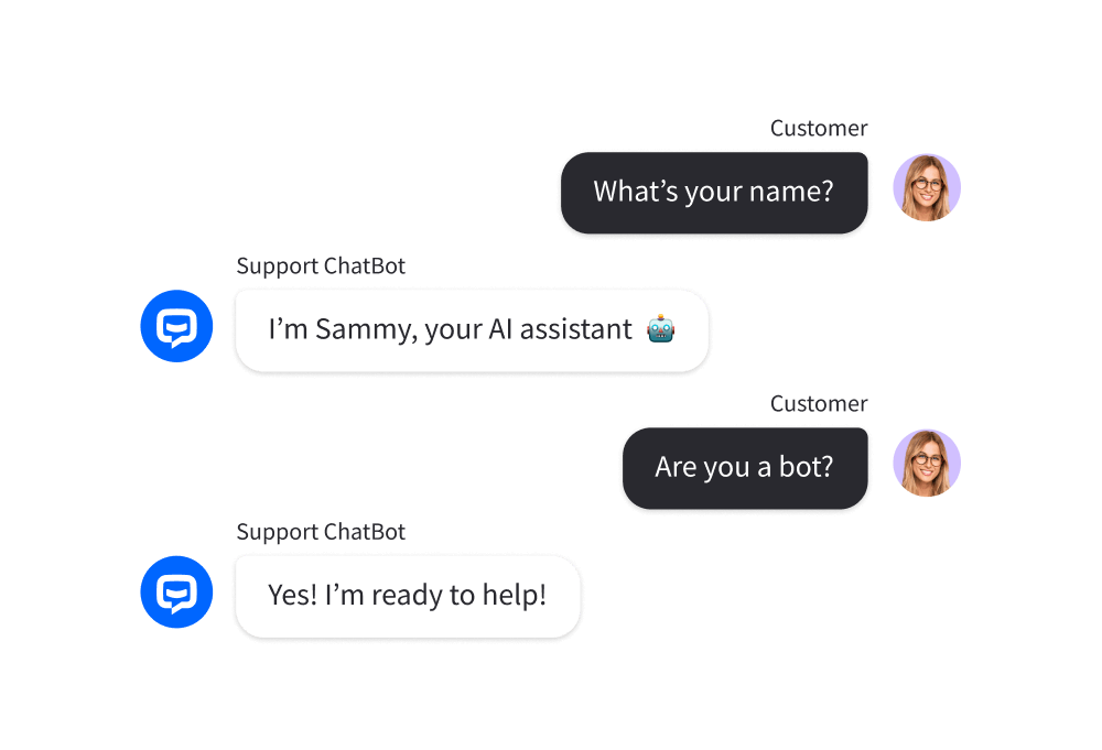 A conversation showcasing the ChatBot's Small Talk feature: a customer asks, 'What's your name?' and 'Are you a bot?' and the bot answers these questions.