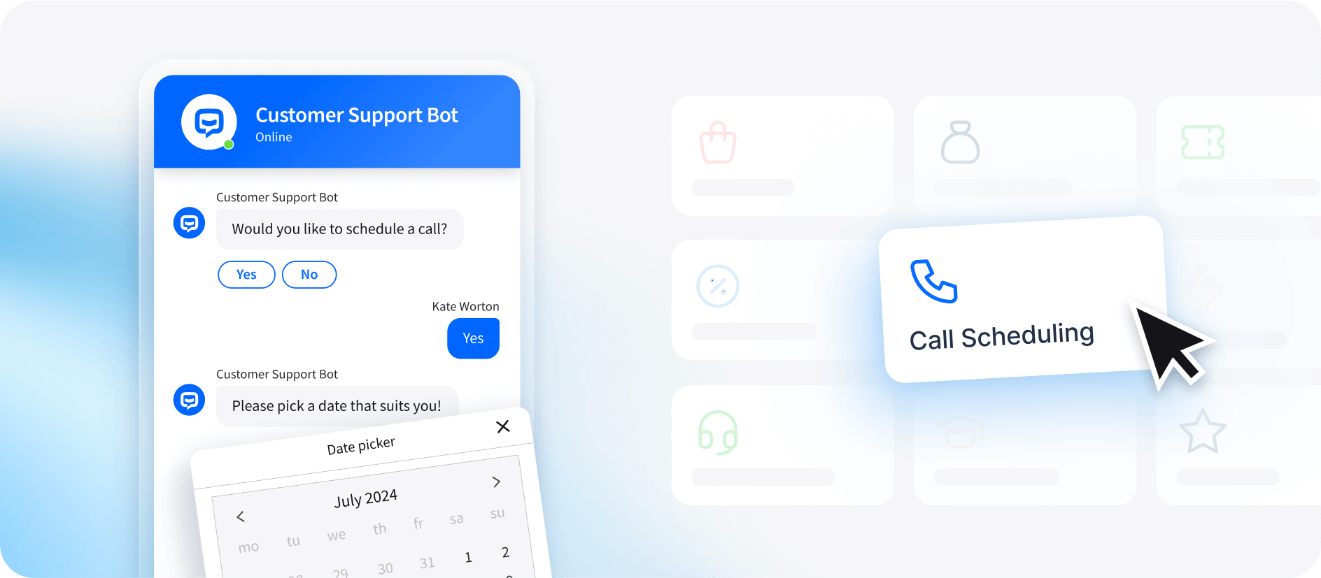 ChatBot Templates: Customer Service Bot, Call Scheduling Bot and other templates.