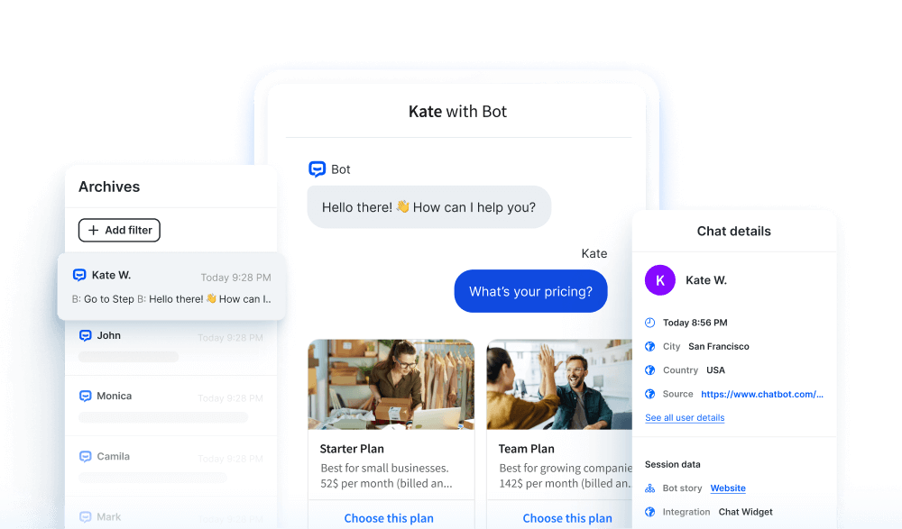 Chatbot's user analytics features: Archives displaying all users' chats with personal details such as names, locations, chat sources, and other chat details.