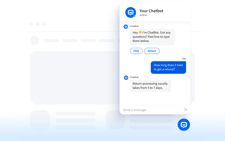 An example of a conversation in Chat Widget, including welcome message with Quick Replies, user's question and the bot's answer.