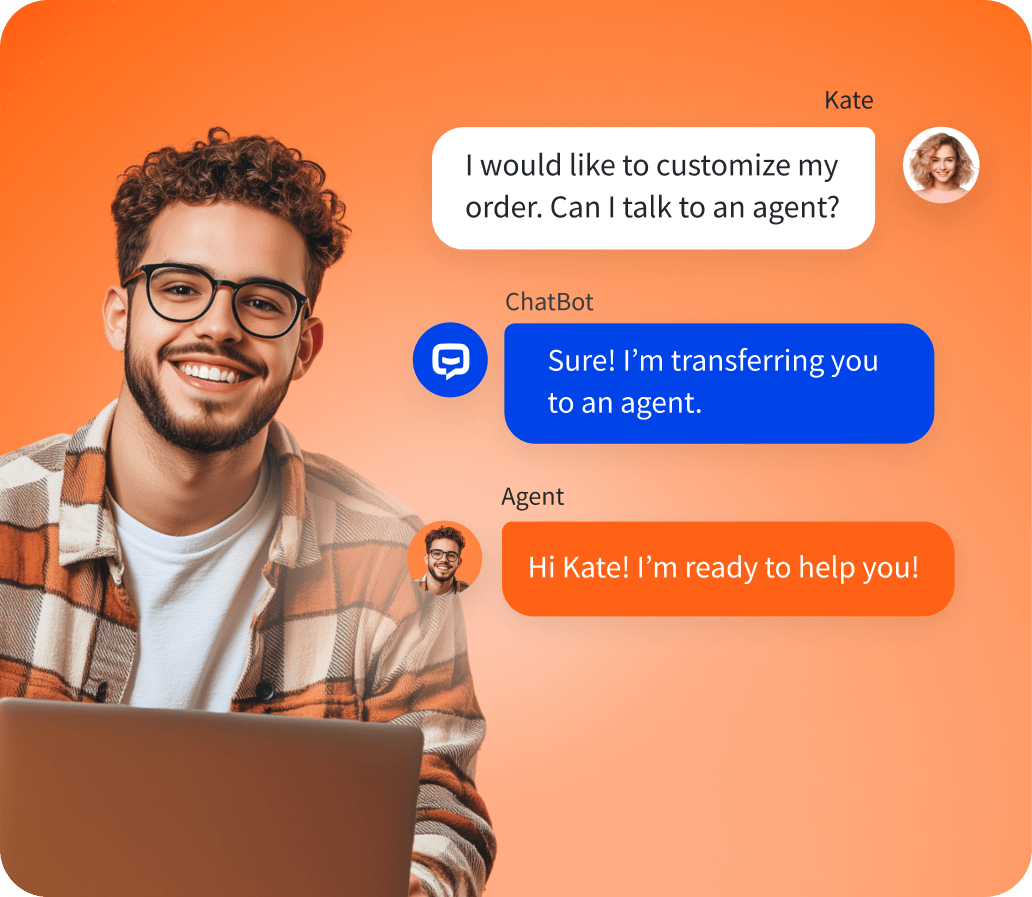 AI chatbot transferring a chat from an AI bot to an agent using LiveChat integration, with two people smiling and standing next to the chat interface.