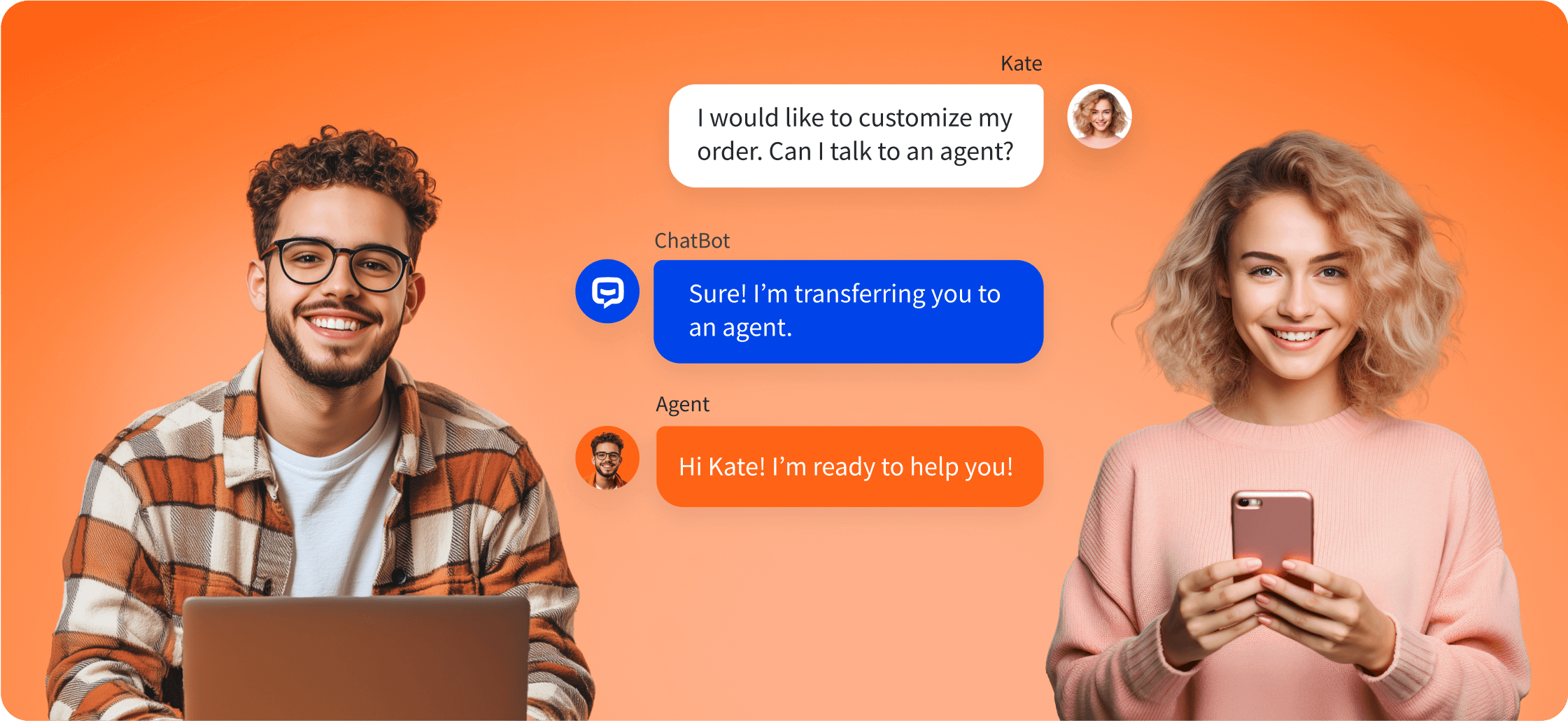 AI chatbot transferring a chat from an AI bot to an agent using LiveChat integration, with two people smiling and standing next to the chat interface.