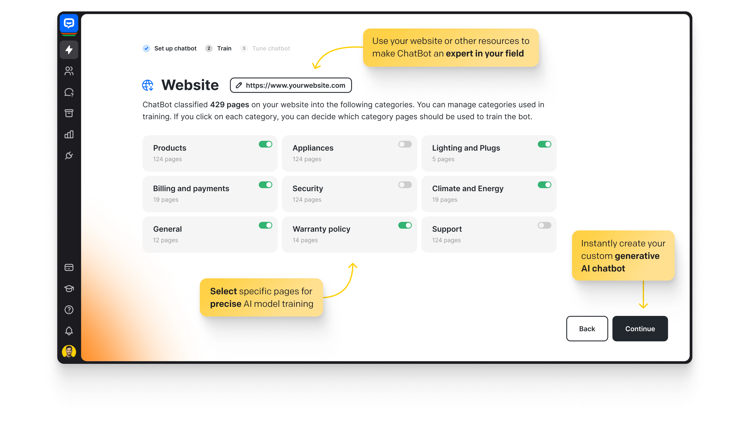 ChatBot software interface view with Set up your chatbot section, showing an AI chatbot training based on the provided website address. Use your website or other resources to make ChatBot an expert in your field. Select specific pages for precise AI model training. Instantly create your custom generative AI chatbot.