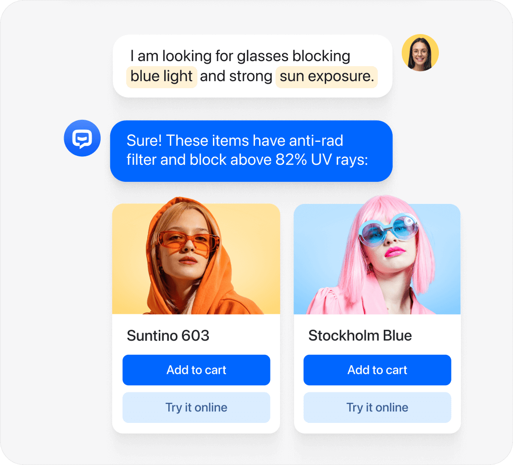Customer support chatbot presenting personalized product recommendations for a customer.