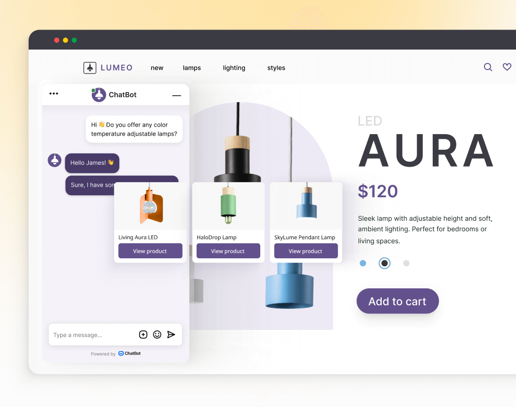 Ecommerce website featuring a chatbot widget customized to match the website's branding, including logo, colors, and product images.