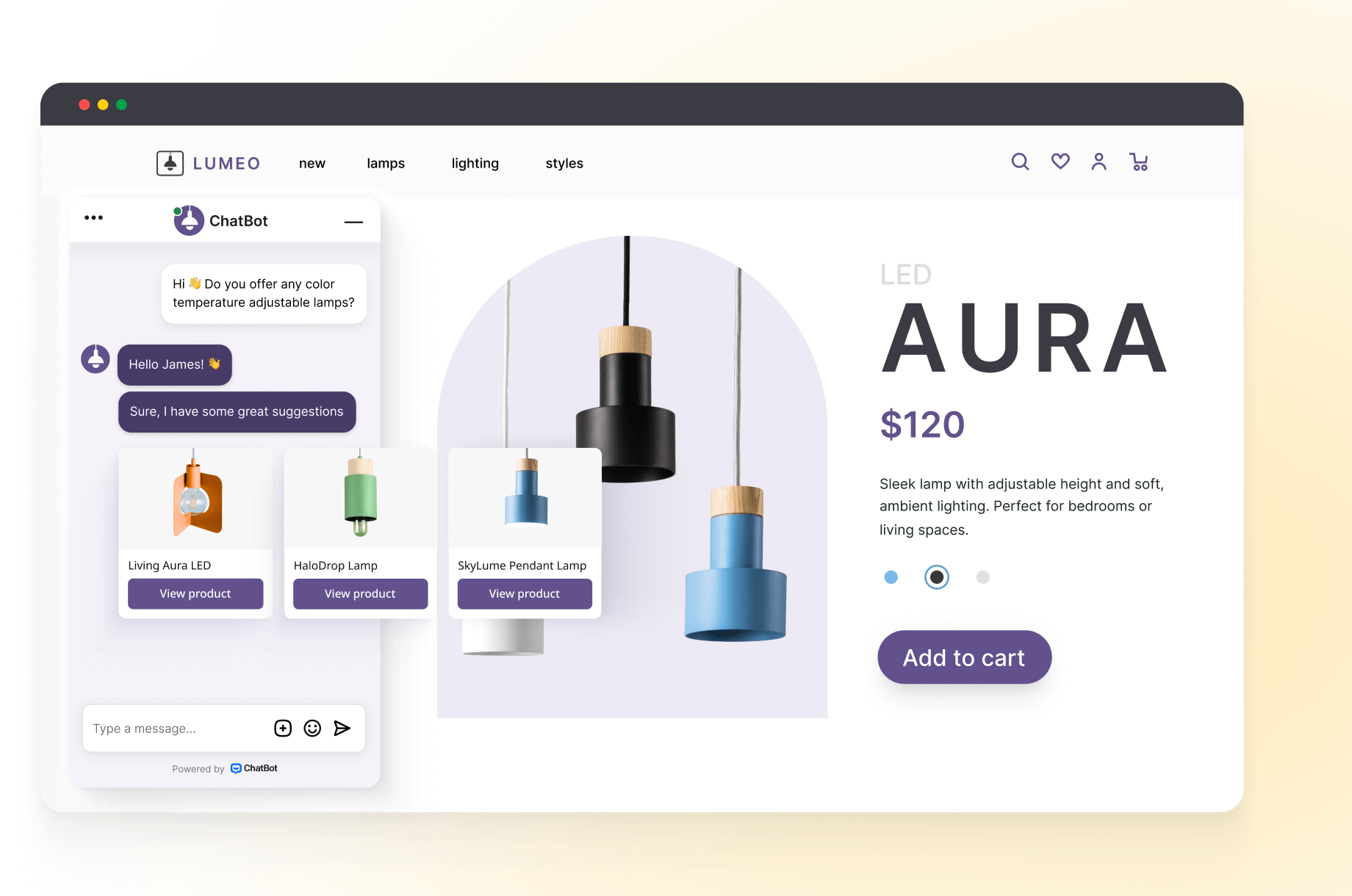 Ecommerce website featuring a chatbot widget customized to match the website's branding, including logo, colors, and product images.