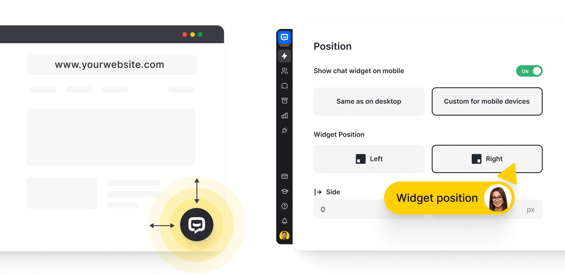 Chatbot widget's bubble placement on the website and position settings in the ChatBot app.