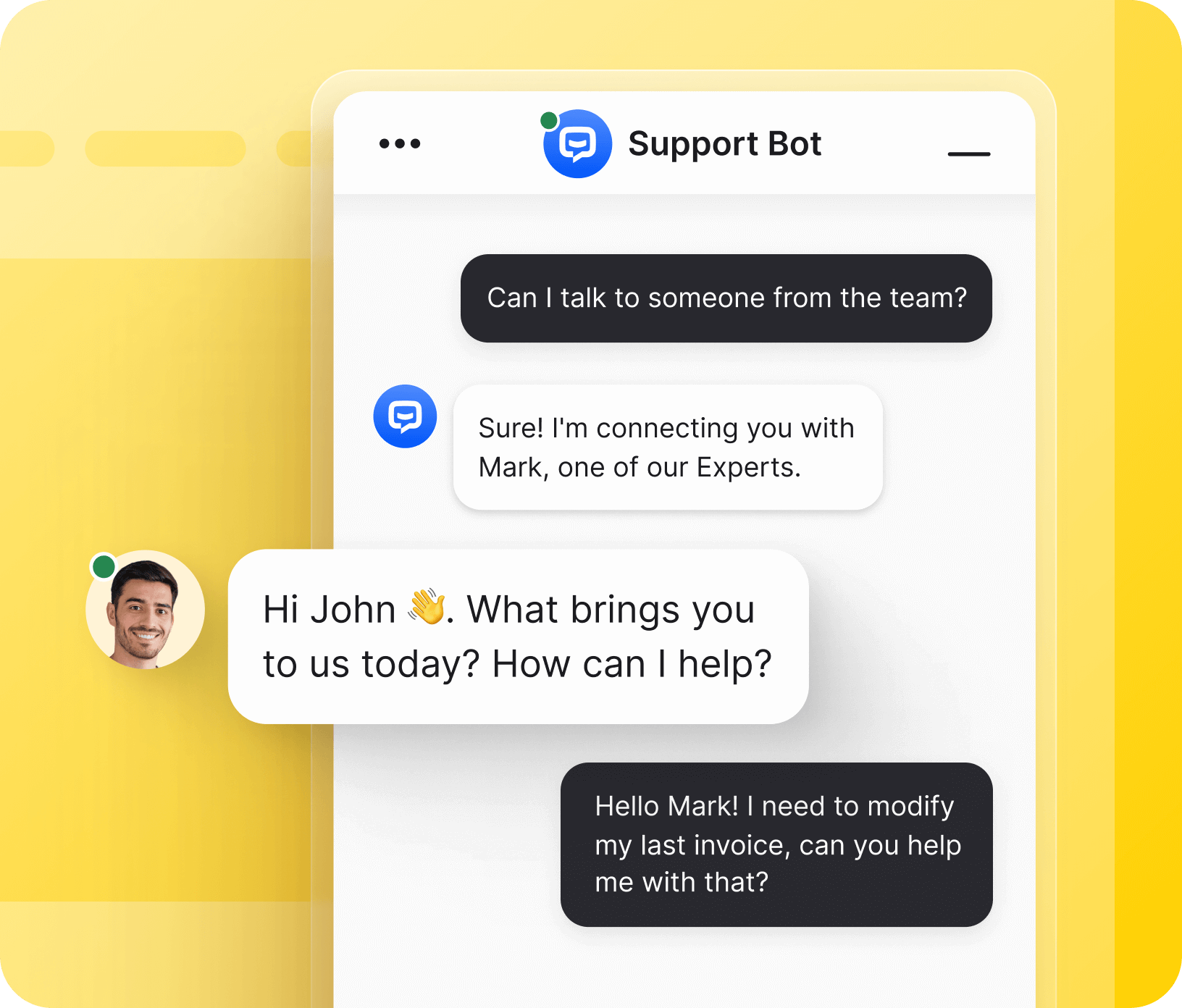 LiveChat widget with ChatBot integration, including conversation between an AI bot and a customer. The customer is transferred to the live agent and ask the agent to help with modifying their last invoice.