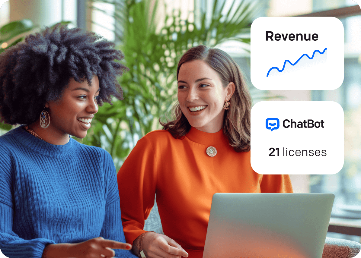 Two women smiling and talking in an office, working on a laptop, with icons showing revenue and number of ChatBot licenses.